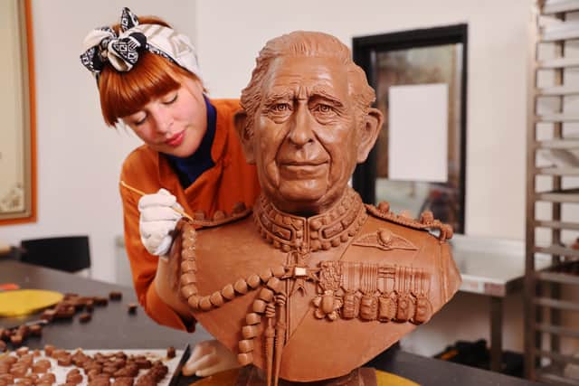 A bust of King Charles III made entirely from Celebrations chocolates is unveiled ahead of the Coronation. The sculpture, commissioned by the chocolate brand, took four weeks to create and weighs over 23kg – the equivalent of 2,875 individual Celebrations chocolates.
