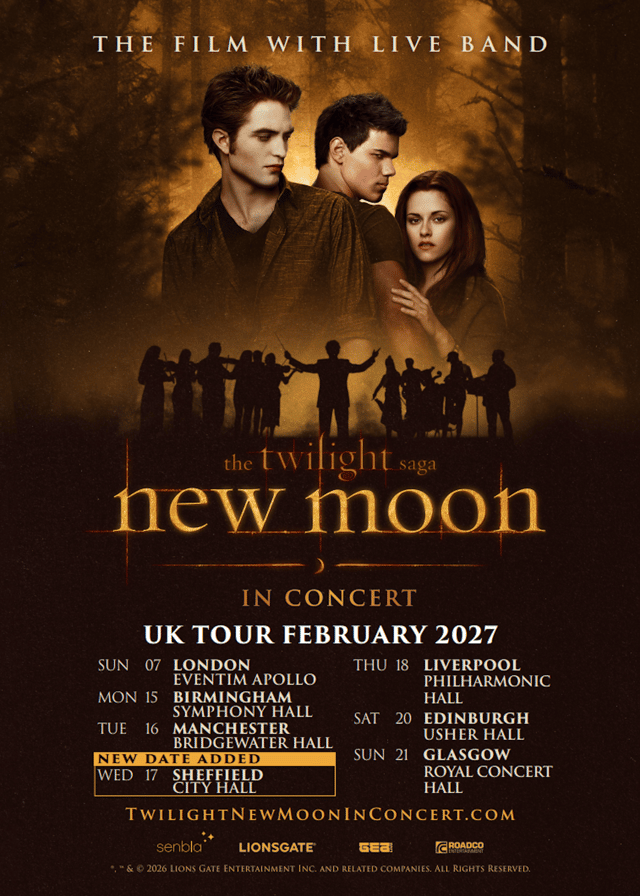 The Twilight Saga New Moon in concert will play Sheffield City Hall on Feb 17, 2027.