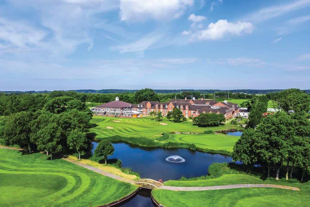 A bird’s-eye view of Formby Hall Golf Resort & Spa reveals its impressive setting, surrounded by sweeping fairways and beautifully landscaped grounds.
