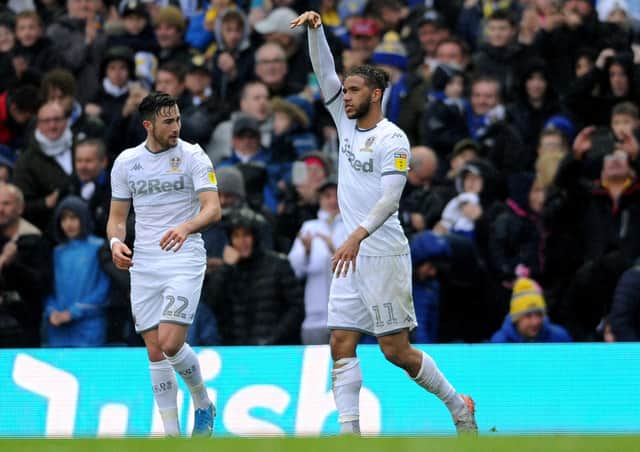 Leeds United goal scorers against QPR Tyler Roberts and Jack Harrison celebrate. Picture: Simon Hulme