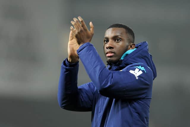 Eddie Nketiah bids farewell to Leeds United supporters after the end of the game at West Brom. Picture: Tony Johnson