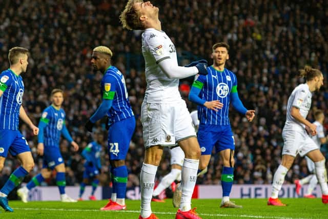 Patrick Bamford shows his frustration at one of the many near things for Leeds United against Wigan Athletic. Picture: Bruce Rollinson