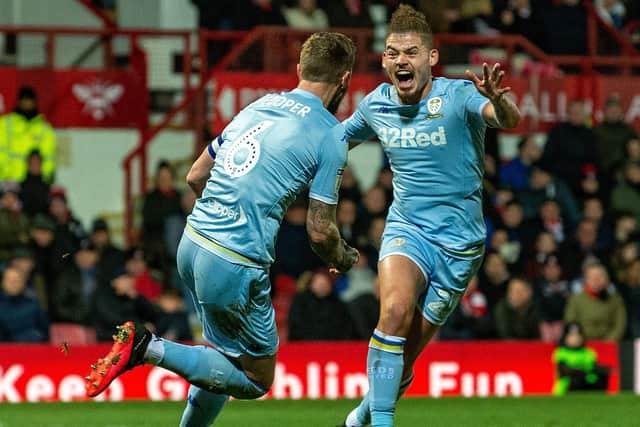 Liam Cooper celebrates his goal against Brentford with Kalvin Phillips. Picture: Bruce Rollinson