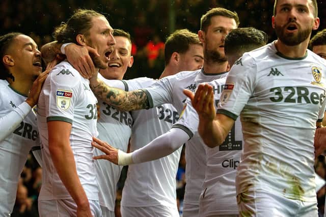 Luke Ayling celebrates his goal for Leeds United with teammates. Picture: Bruce Rollinson