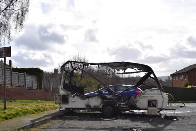 The aftermath of the caravan after the arson attack