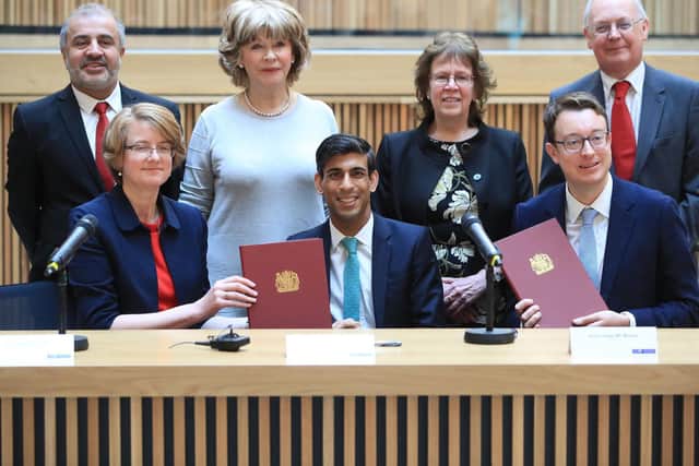 Chancellor Rishi Sunak pictured with West Yorkshire leaders and Minister Simon Clarke. Pic: Danny Lawson