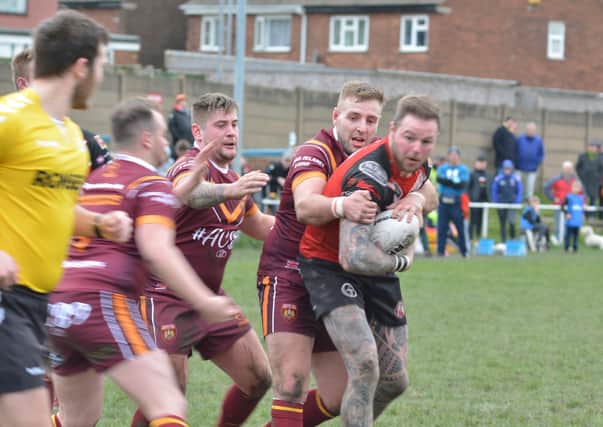 Dewsbury Moor attempt to halt an Eastmoor attack in Saturday’s opening National Conference League Division Two clash.