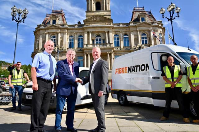 LtR) Eric Firth, chair of Dewsbury Forward; Councillor Peter McBride; Paul Crane, head of engagement and rollout at FibreNation