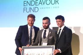 Presentation: HRH The Duke of Sussex, Tom Oates and Max Worsley at the awards ceremony.