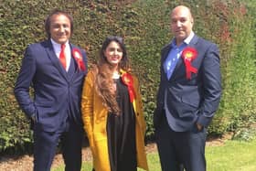 Dewsbury South councillors Masood Ahmed (left) and Gulfam Asif (right) pictured with ward colleague Nosheen Dad (centre) who have set up a COVID-19 Response Group in the town.