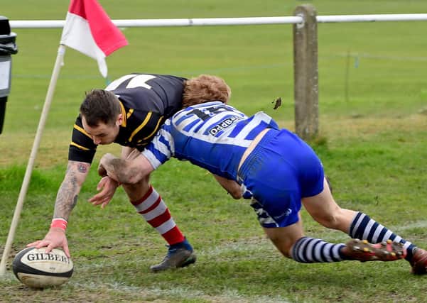 Jack Marshall dives over for a try against Pocklington in what proved to be Cleckheaton’s final game of the season.
