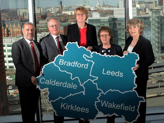 Devolution photocall with the leaders of the local councils, Granary Wharf, Leeds. Pictured from the left are Shabir Pandor (kirklees Council Leader), Tim Swift (Calderdale) Susan Hinchcliffe (Bradford) Judith Blake (Leeds) and Denise Jeffery (Wakefield).