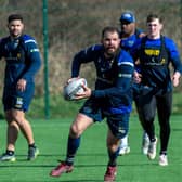Adam Cuthbertson on the ball at a Rhinos training session in early March. Picture by Bruce Rollinson.