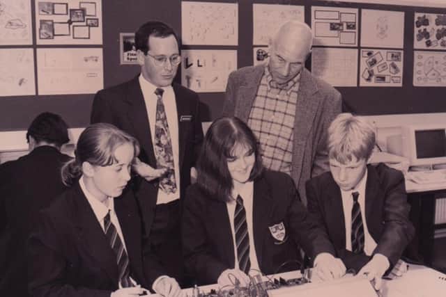 Back home: This picture was taken over 20 years  ago when Patrick Stewart was making one of his many visits to the area. He is pictured at his old school, Mirfield Secondary Modern, now renamed Mirfield Free Grammar, to help raise funds for a new performing arts centre at the school.