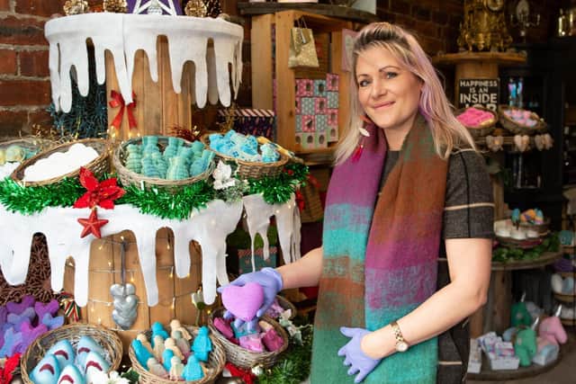 Former painter and decorator Emma Noble who quit her job to set up her own business making bath bombs. The Bombz Hydrotherapy, Market Place, Birstall