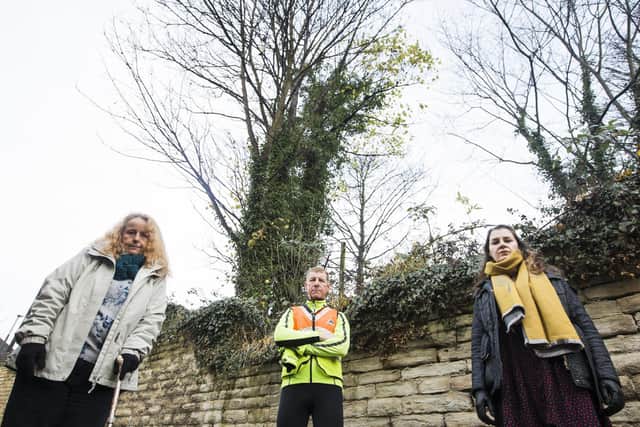 Large sycamore tree and bulging wall at Mirfield. From the left, Catherine Whittingham, councillor Martyn Bolt and Rosaleen Hird.