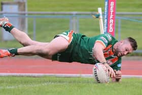 AJ Boardman scores for Hunslet against North Wales, before coronavirus brought their 2020 campaign to an early halt. Picture by Paul Johnson/Hunslet RLFC