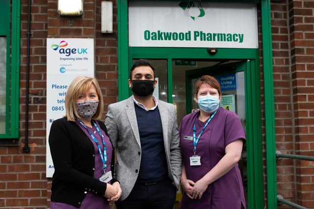 Diane Chandler, Nabeel Anwar and Paula Woodgate, preparing to give covid vaccines, at Oakwood Pharmacy, Birstall