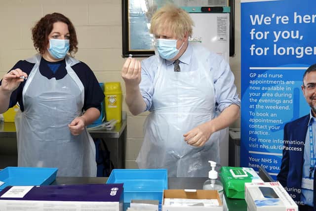 Boris Johnson during his visit to the vaccination centre at the Al-Hikmah centre in Batley (Getty Images)