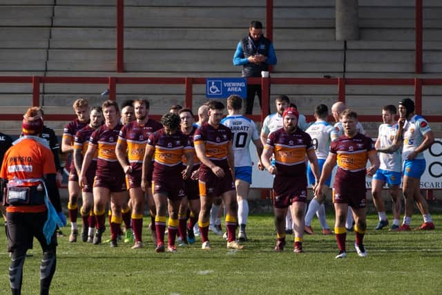 Dewsbury Rams players celebrate a try during Saturday's friendly against Batley Bulldogs. Picture: Bruce Fitzgerald.