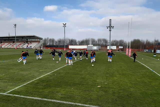 Dewsbury Rams warm up before their win at Batley. Picture by Peter Smith.