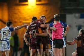 Picture by Ed Sykes/SWpix.com - 20/03/2021 - Rugby League - Betfred Challenge Cup Round 1 - Halifax Panthers v Batley Bulldogs - The Shay Stadium, Halifax, England - Batley Bulldogs celebrate at the end of the match