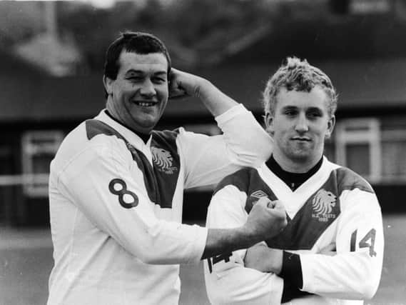 Jeff Grayshon (left) at 36 was the oldest player ever to play for Great Britain, and Shaun Edwards, who was 18 when he became Britain’s youngest ever player, pictured in 1985.