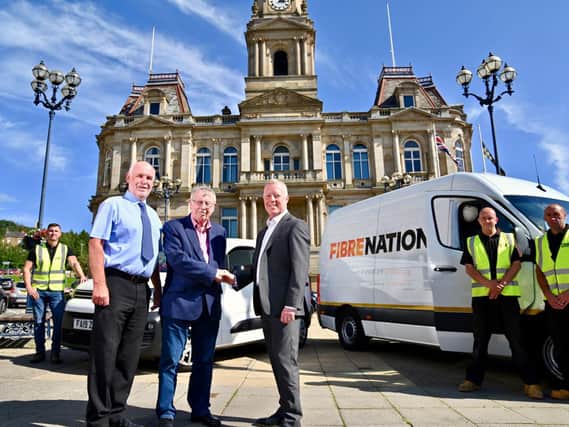 (LtR) Eric Firth, chair of Dewsbury Forward; Councillor Peter McBride; Paul Crane, head of engagement and rollout at FibreNation