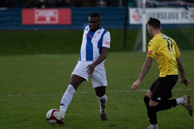 Liversedge’s Kevy Tarangadzo on the ball in the West Yorkshire derby against Pontefract Collieries played in front of a big crowd at the Clayborn Stadium. Picture: Bruce Fitzgerald