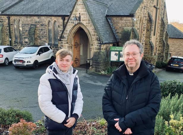 Josh Sheard, Conservative councillor for Birstall and Birkenshaw, who intends walking from Birstall to York Minster to raise money for St Saviour’s Church in Birstall. With the Revd Mike Green. (Image: LDRS)
