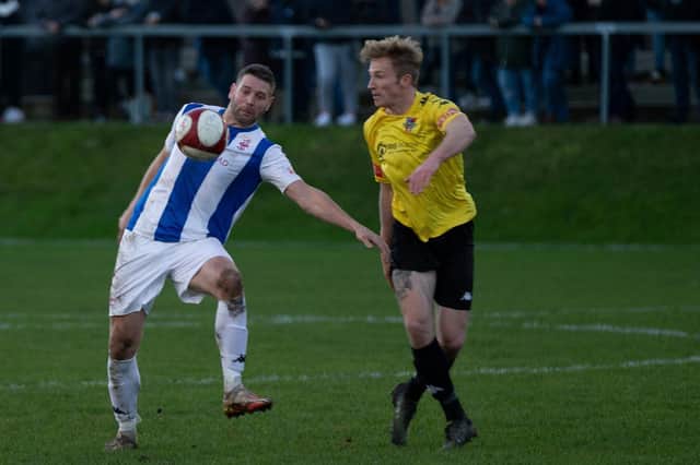 Gavin Allott scored Liversedge’s first goal in their 2-0 victory over Hebburn Town. Picture: Bruce Fitzgerald
