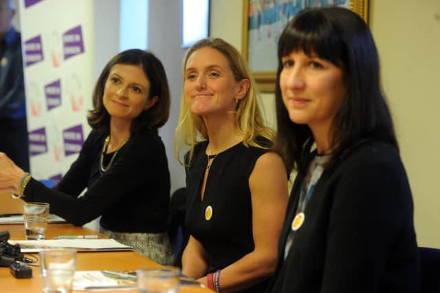 Jo Cox’s sister Kim Leadbeater (now Batley and Spen MP), centre, with Rachel Reeves, right, and Seema Kennedy