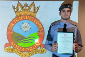 Flight Sergeant Jamie Owen, of 2490 (Spen Valley) Squadron of the Royal Air Force Air Cadets, receives his Royal Humane Society Award