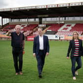 Batley Bulldogs chairman Kevin Nicholas at the historic Mount Pleasant ground with Labour leader Sir Keir Starmer and MP for the area Kim Leadbeater. Picture: Getty Images