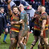 Dewsbury rams players celebrate beating Sheffield Eagles. Picture: TCF Photography
