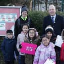 Dom Jacques (Living Streets), Mark Eastwood MP and pupils from Pentland Infant and Nursery School in Dewsbury