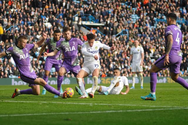 Rodrigo gets a shot in for Leeds United who failed to score despite having a number of chances against Tottenham.