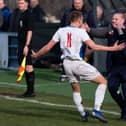 Lewis Whitham celebrates a goal with delighted Liversedge manager Jonathan Rimmington. Picture: Bruce Fitzgerald