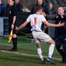 Lewis Whitham celebrates a goal with delighted Liversedge manager Jonathan Rimmington. Picture: Bruce Fitzgerald