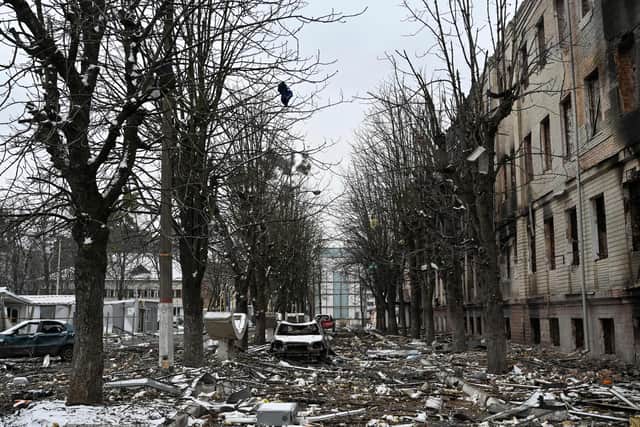 The view of a military facility which was destroyed by recent shelling in the city of Brovary outside Kyiv. Photo: Getty Images