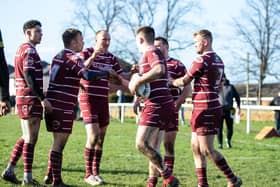 Thornhill Trojans players celebrate George Woodcock's try against West Hull. Picture: Bruce Fitzgerald