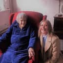 Hazel Crowther in her Aysgarth Riser Recliner chair alongside Diane Heath, customer service advisor at HSL