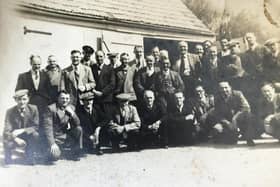 PUB OUTING: Pictured outside the Woolpack Inn, Dewsbury Moor, before setting off to watch the rugby league Challenge Cup final at Wembley in 1955. Charlie Seeling can be spotted eighth in from the back right.