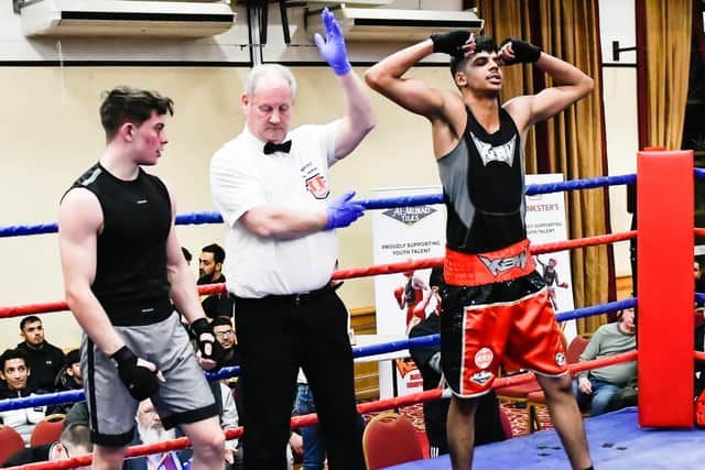 Zaid Munair is declared a winner on KBW's boxing show, which took place at the Cedar Court Hotel, Bradford. Picture: Sam Young