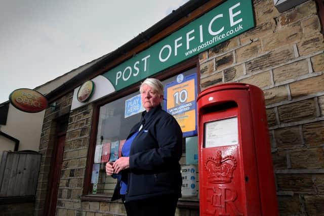 Alison Hall outside Hightown Post Office, Halifax Road, Liversedge
