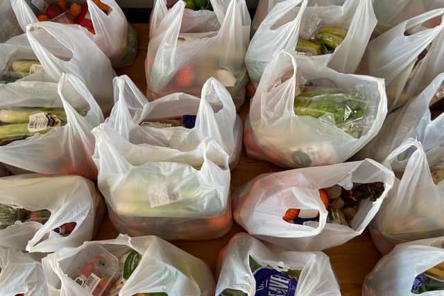 The bags of food include; chilled food, cupboard food and fruit and veg, which often adds up to around £35.