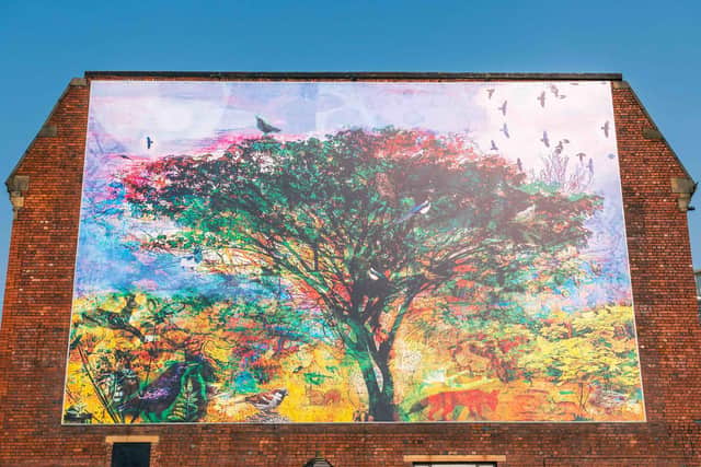 The mural is a colourful design celebrating nature, the environment and new life in the town.