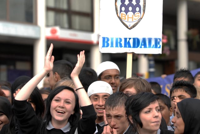 Pupils and staff from Birkdale High School protest about the proposed closure of the school.