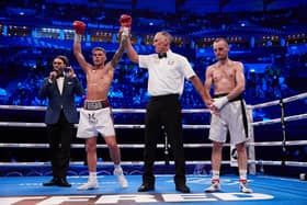 Cory O’Regan has his hands raised after an impressive win over Jakub Laskowski at the Leeds Arena. Picture: Mark Robinson/Matchroom Boxing.
