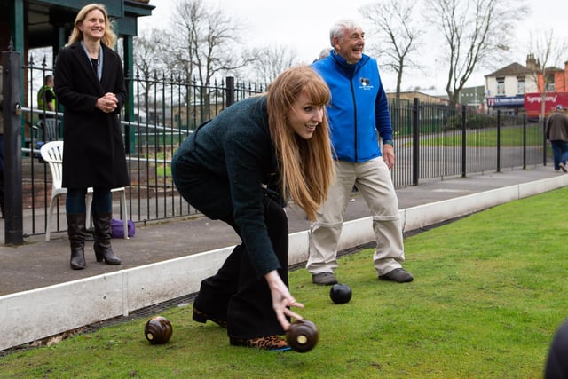 Labour's Deputy Leader, Angela Rayner, has a game of bowls in Firth Park, Heckmondwike